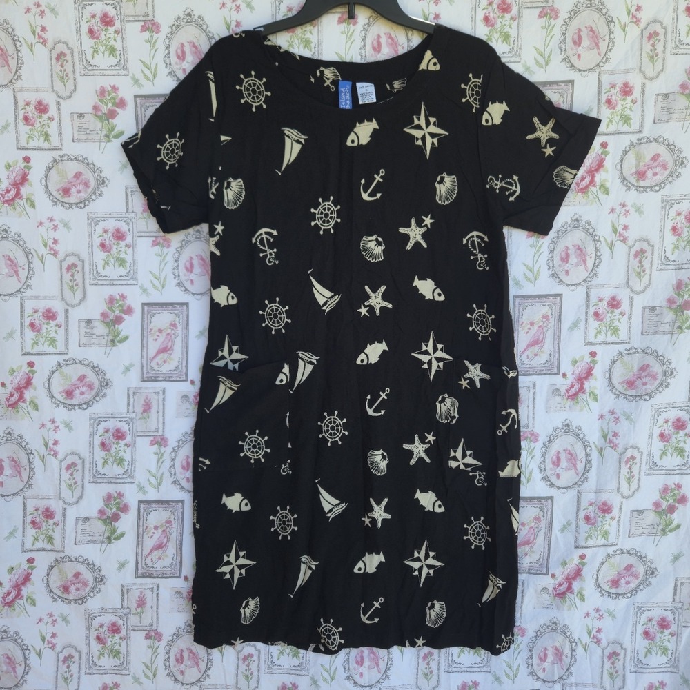 Nautical Beach Mini Dress Black White Anchor Starfish‎ Print Pocket Coverup Sz M